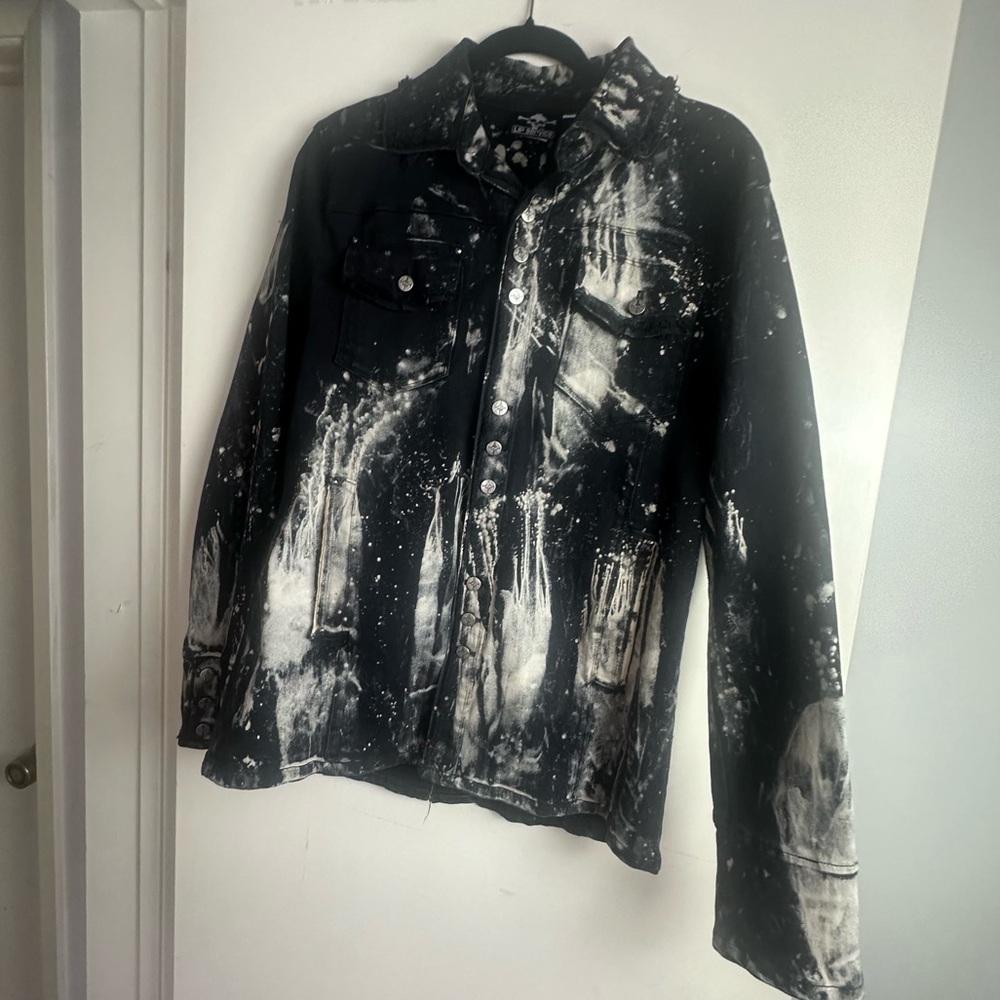 Lip Service Black & Creamish Vintage Porn Splatter Stretch Twill Jacket NWT L - Picture 6 of 16